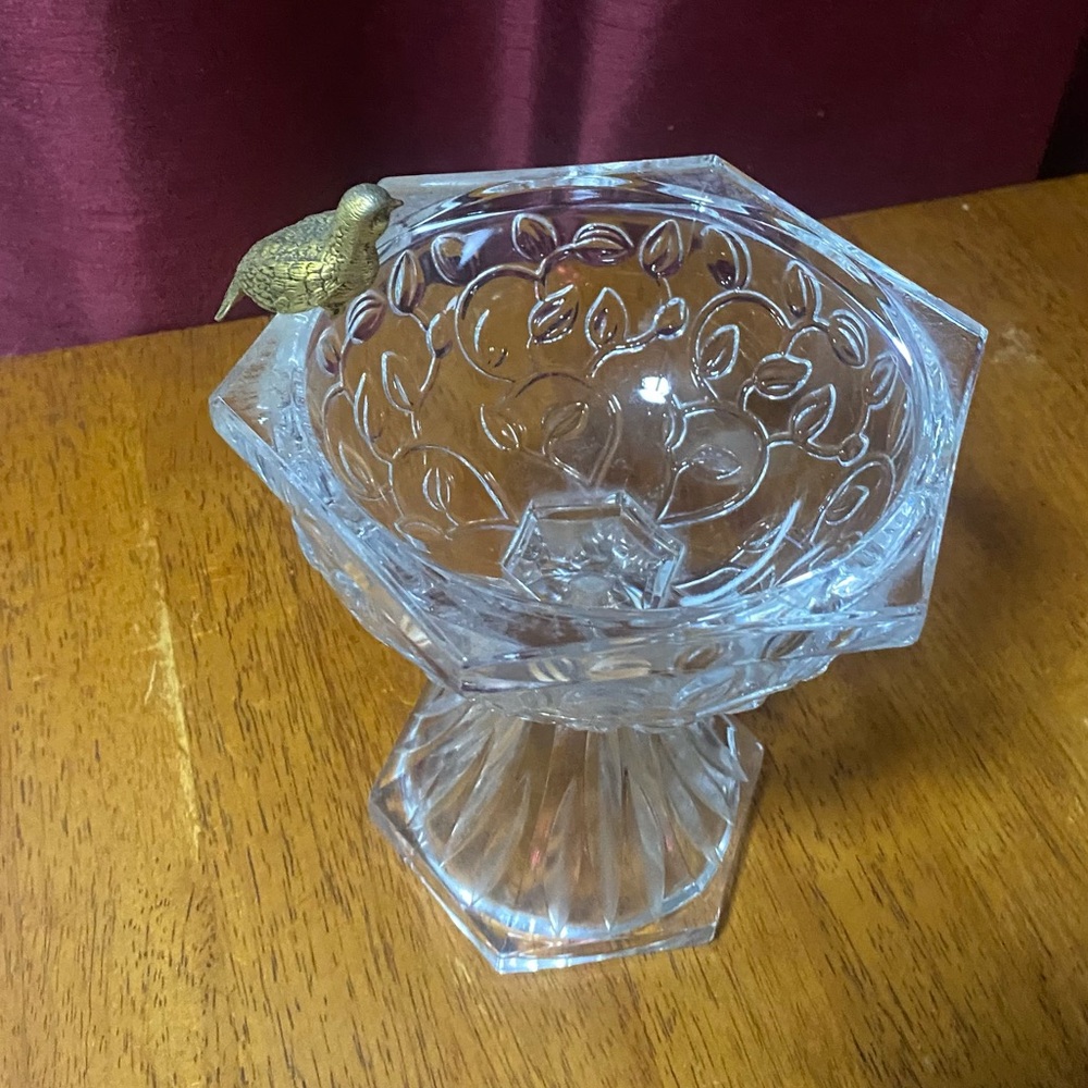 Gorham Crystal Candy Dish Garden Bird Bath with Brass Bird